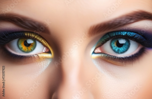 Close up woman eyes with different colors, heterochromia  photo