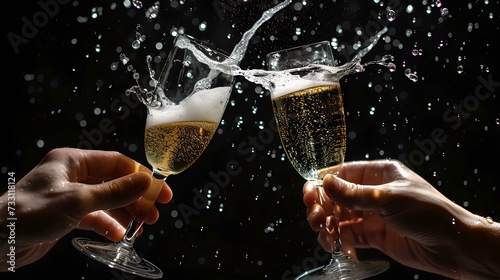 Celebratory champagne toast with a splash captured mid-air. elegance and festivity in one shot. perfect for special occasions. AI photo