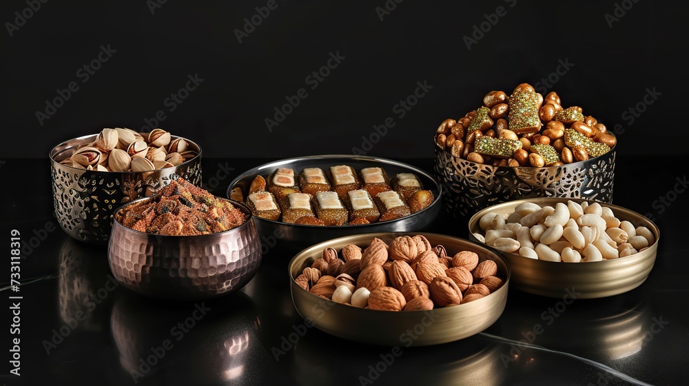 Tantalizing Ramadan treats: A sophisticated display of desserts and assorted nuts in beautifully crafted metallic and earthen bowls. Tantalizing Ramadan treats: A sophisticated display of desserts and assorted nuts in beautifully crafted metallic and earthen bowls.