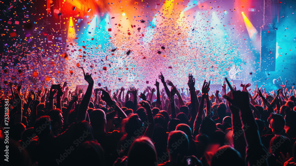 Cheering concert crowd with colorful stage light and confetti, silhouette of Large group of people audience at live music festival
