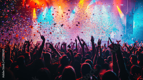 Cheering concert crowd with colorful stage light and confetti, silhouette of Large group of people audience at live music festival 