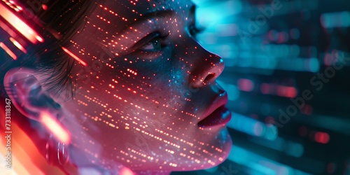 Futuristic portrait of a woman with glowing digital overlays. cyberpunk aesthetics. artistic representation of AI technology. AI