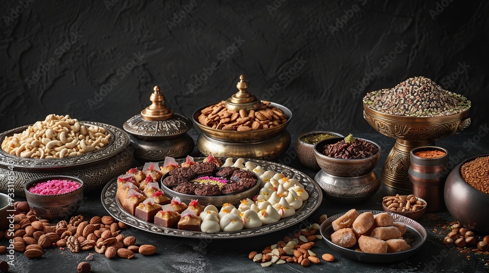 Sensory delight: Visually striking Ramadan scene featuring traditional desserts and an enticing array of nuts.