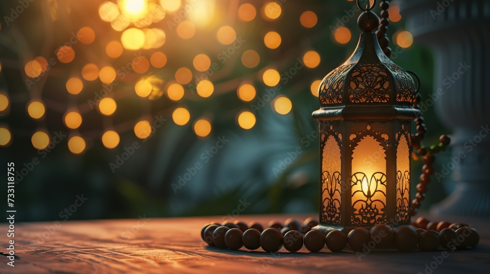 Elegant New Year Decor: Islamic-themed adornment with praying beads and a lantern, radiating beauty and tranquility. Elegant New Year Decor: Islamic-themed adornment with praying beads and a lantern, radiating beauty and tranquility.