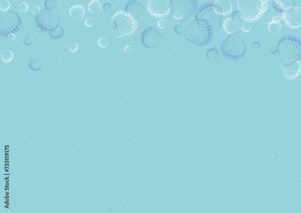 Ultramarine Scallop Background Blue Vector. Seashell Aquatic Set. Maritime Design. White Starfish Cartoon Illustration.