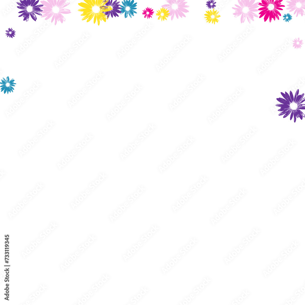 Multi-colored Flowers Background White Vector. Purple Leaf Wallpaper. Beauty Banner.Hand Drawn Color Flower. Spring Illustration.