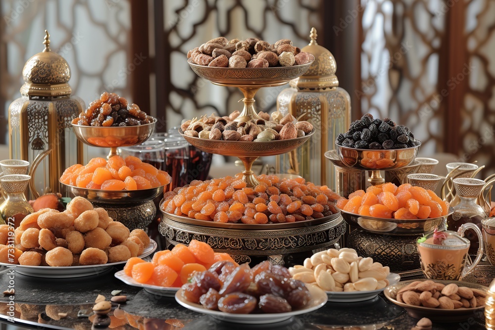 Assorted Dried Fruits Display - Dates, Prunes, Apricots, Raisins in a Vibrant Array.