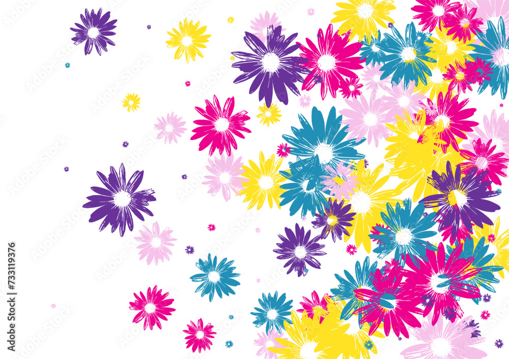 Violet Garden Background White Vector. Flowers Holiday Print. Color Daisy Element. Imaginative Banner. Duplicate Multi-colored Leaf.