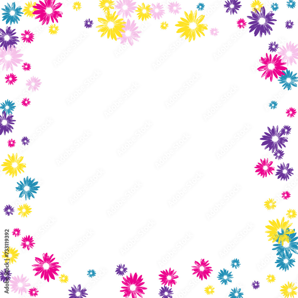 Green Flowers Background White Vector. Leaf Blossom Backdrop. Pink Daisy Sweet. Retro Design. Hand Drawn Color Flower.