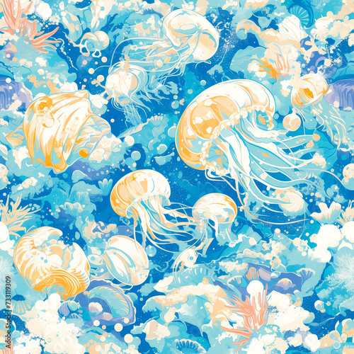 blue Underwater jellyfish as a background on a seamless tile, ai generated