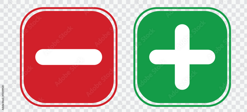Set of plus & minus sign icons, buttons. Flat square positive & negative symbol stickers. Vector file. Set of plus & minus sign icons, buttons. Flat square positive & negative symbol stickers. Vector file.