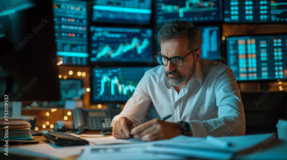 An Investor Analyzing Financial Reports and Market Data with Paperwork and Computer Screens. An Investor Analyzing Financial Reports and Market Data with Paperwork and Computer Screens.