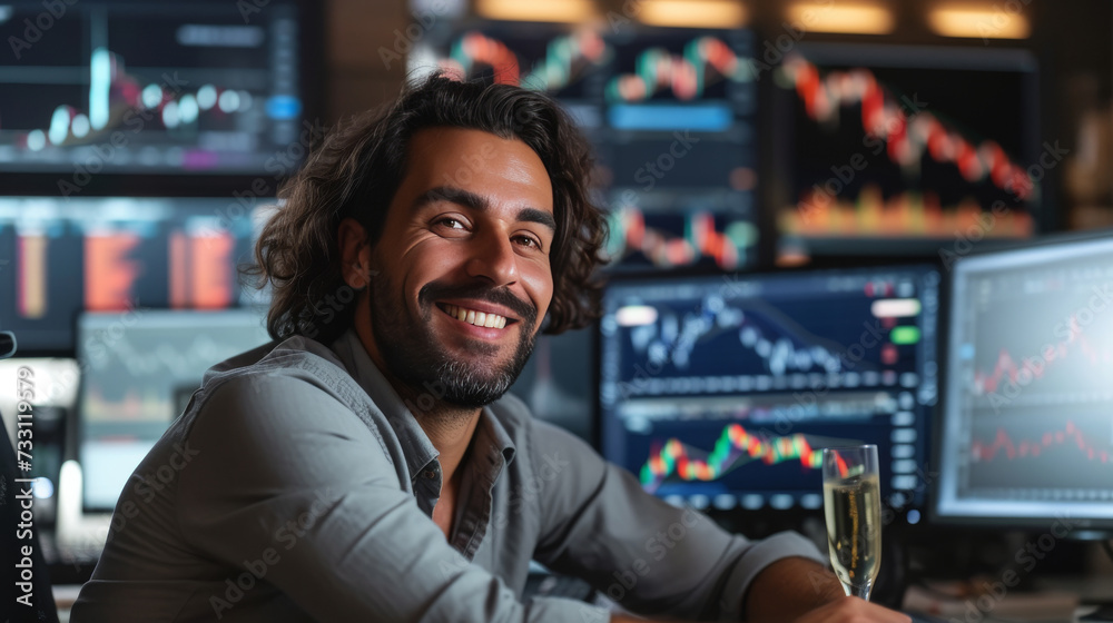 Trader celebrating profit with champagne and screens Trader celebrating profit with champagne and screens