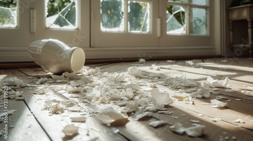 a shattered vase lying in pieces on the floor in the room. broken dreams and shattered hopes