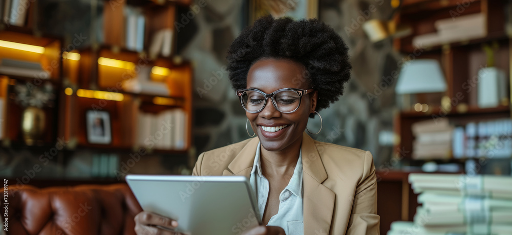 Fototapeta premium Confident African woman Trader Reviewing Portfolio with Money and Documents