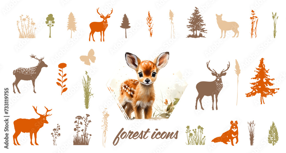 Fototapeta premium Forest icons. Various forest animals drawn in detail. Colorful animal and plant silhouettes isolated on a white background.