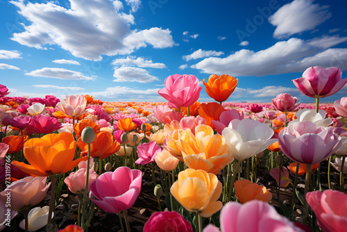 Fields of blooming colorful tulips, colorful flower fields, AI generated #733119766