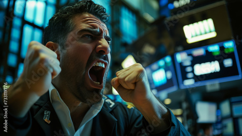 Trading Floor with Screens and Anxious Trader Deciding high risk trading