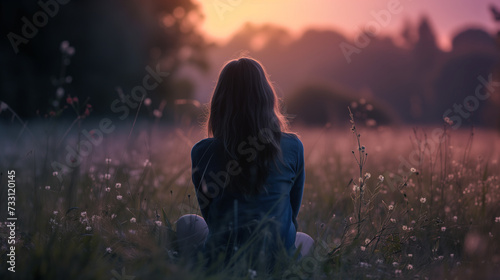 Back view of unrecognizable young woman meditating in a field at sunset