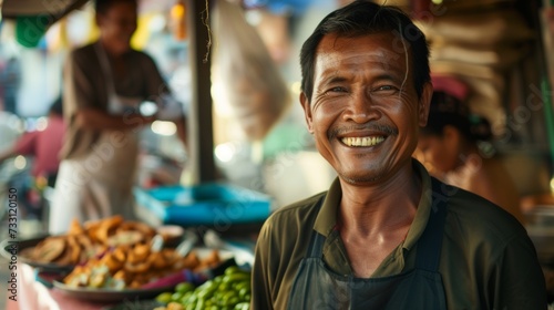 Smiling Street Food Vendor with Tantalizing Food in Lively Market AI Generated.