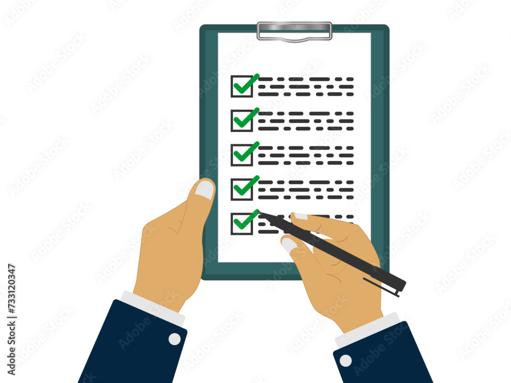 hand holding clipboard and pen, fills out checklist with green check ...