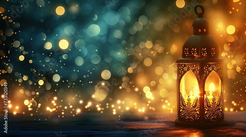 Celebration Radiance: A photo capturing the essence of Ramadan, where a lantern stands out against a backdrop of shimmering bokeh lights.
