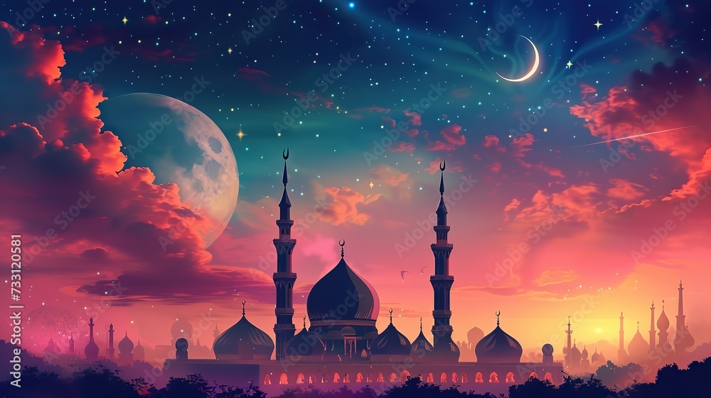 Celestial Ramadan Greetings: A captivating background featuring a mosque, moon, and clouds, creating the perfect ambiance for Ramadan Kareem.