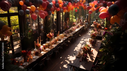A top-down view of a birthday party venue adorned with balloon garlands  creating a festive and welcoming atmosphere for guests to enjoy the celebration