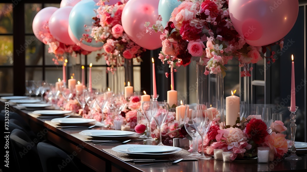 A top-down view of a birthday party table adorned with balloon centerpieces, featuring elegant arrangements of flowers and ribbons, adding a sophisticated touch to the decor