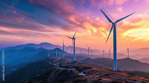 Beautiful view of Windmills or Wind Turbines farm. With a colorful sky and mountains as a background. 