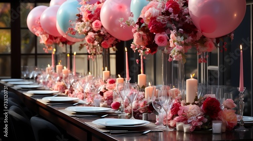 A top-down view of a birthday party table adorned with balloon centerpieces  featuring elegant arrangements of flowers and ribbons  adding a sophisticated touch to the decor