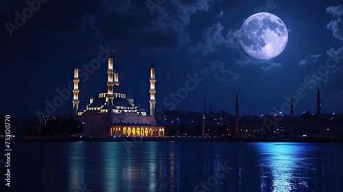Nighttime Sanctuary: A peaceful ambiance captured in a photo where a mosque stands tall against the tranquil beauty of a moonlit sky.