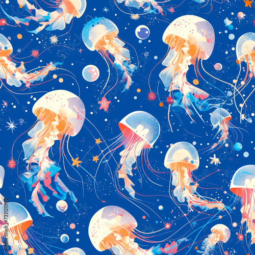 blue Underwater jellyfish as a background on a seamless tile, ai generated