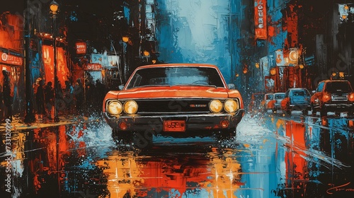 Vintage Car Wet City Night Drive Painting © Tiz21