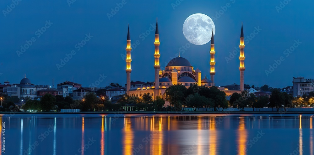 The tranquil beauty of a moonlit night, highlighting a mosque in its gentle celestial embrace.