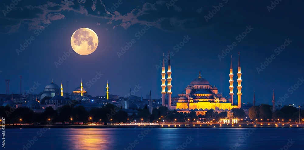 A mosque bathed in the gentle light of the moon, creating a serene and mystical night scene.