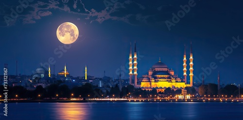 A mosque bathed in the gentle light of the moon  creating a serene and mystical night scene.