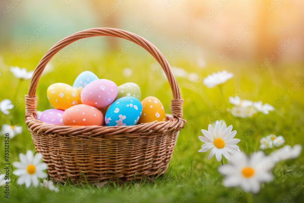 Easter eggs in basket on green grass with spring flowers at sunny day Easter eggs in basket on green grass with spring flowers at sunny day