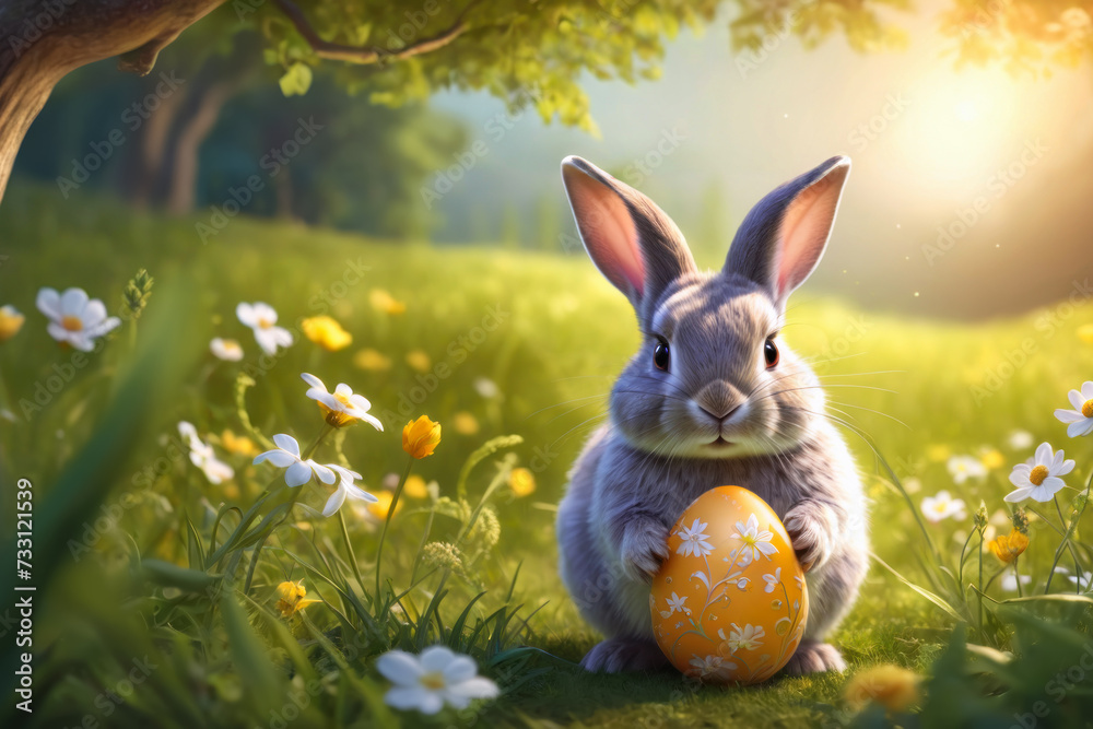 Fototapeta premium cute little bunny holding in paws Easter egg