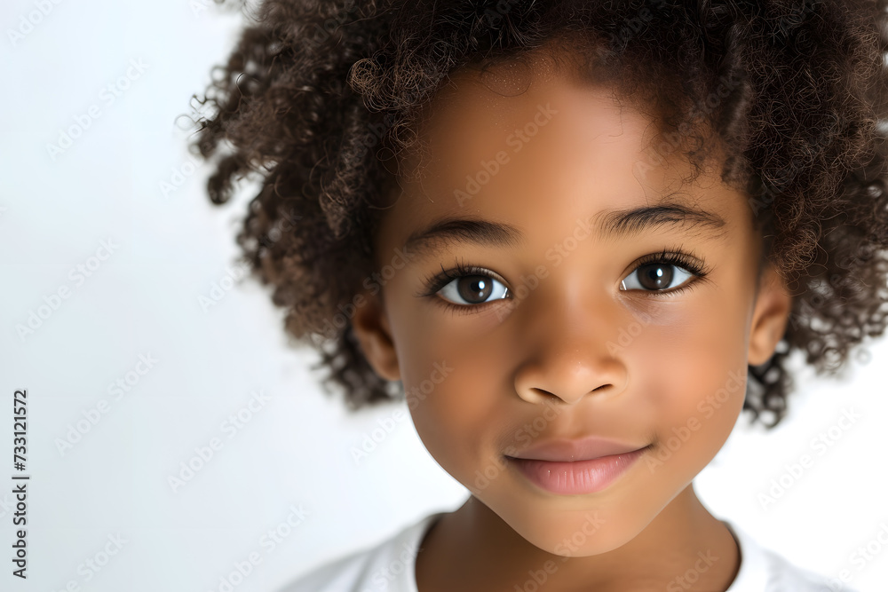 Closeup portrait of handsome African American boy isolated on white background. Schoolboy