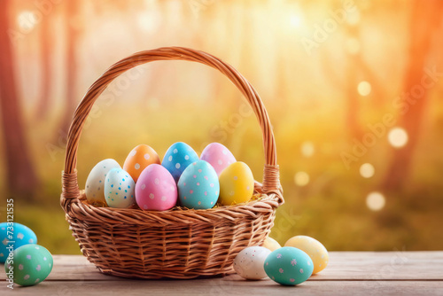 Easter eggs in basket on wooden table outdoors at sunny day