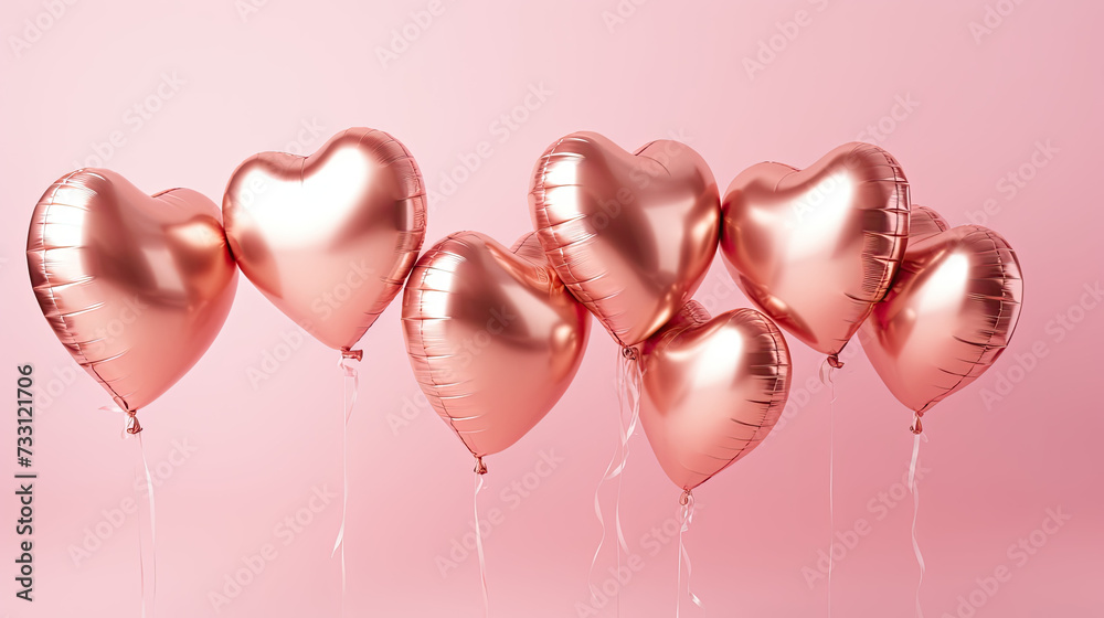 heart shaped rose gold foil balloons on a pastel pink background
