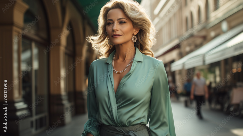 Fototapeta premium Stylish Mature Woman Strolling through Urban Street in Ellegant Green Blouse. European City Lifestyle.