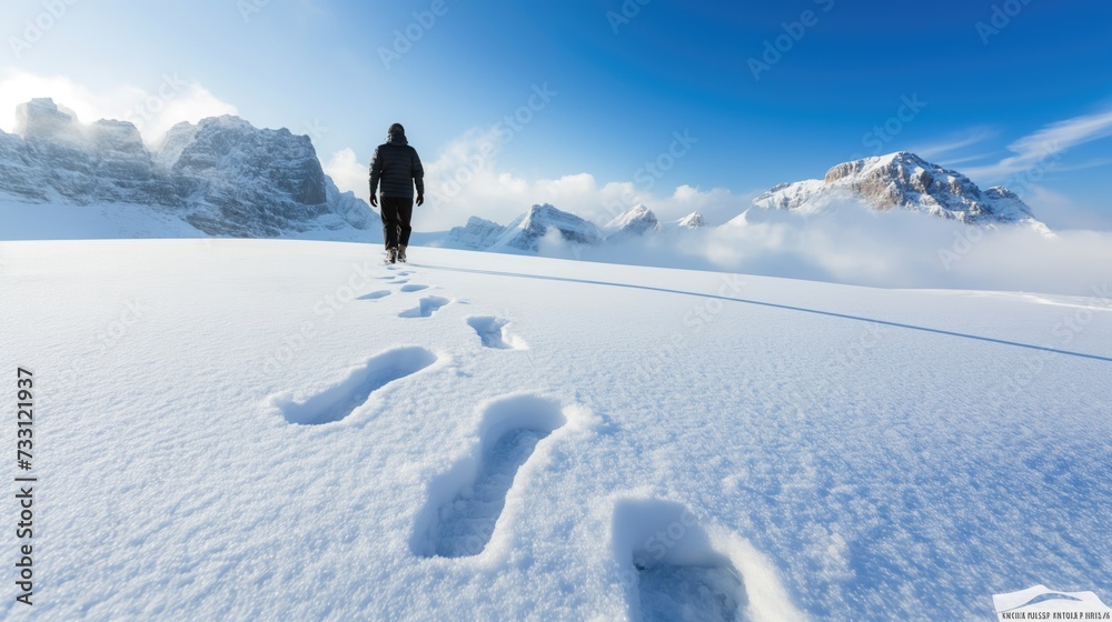 A man walks uphill on fresh snow