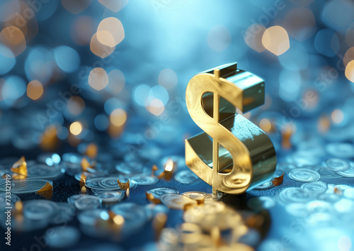 Golden Sign 3d Dollar Symbol on Blue Bokeh Background. Currency Icon Concept.
