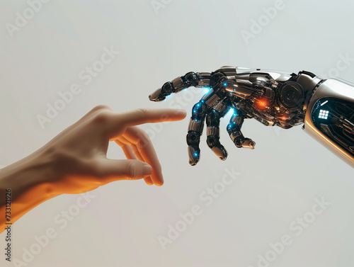 Human Hand and Robotic Hand Touching Eachother with Pointing Fingers Isolated.