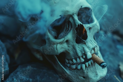 Chilling human skull with smoldering cigarette, moody dark tones. grim concept, memento mori theme, dramatic style. artistic representation of mortality. AI photo
