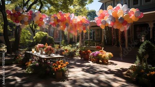 A top-down view of a garden adorned with colorful birthday balloons, gently swaying in the breeze, adding a whimsical touch to the outdoor celebration