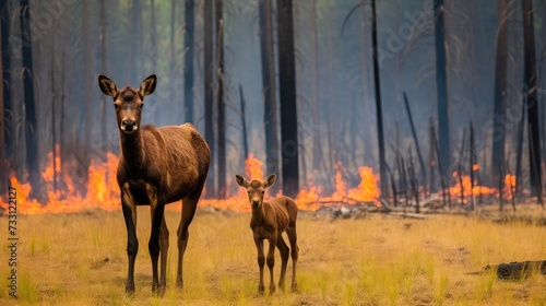 Through the smoky haze, the moose cow and her calf emerge, reminding us of nature's indomitable spirit.