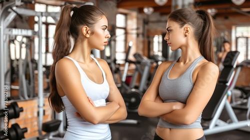 Two girls are talking cheerfully in the gym of a fitness club. Sports and health concept © poto8313